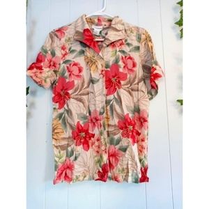Vintage Alfred Dunner Rayon Linen Tropical Shirt Granny Chic Button Up Floral